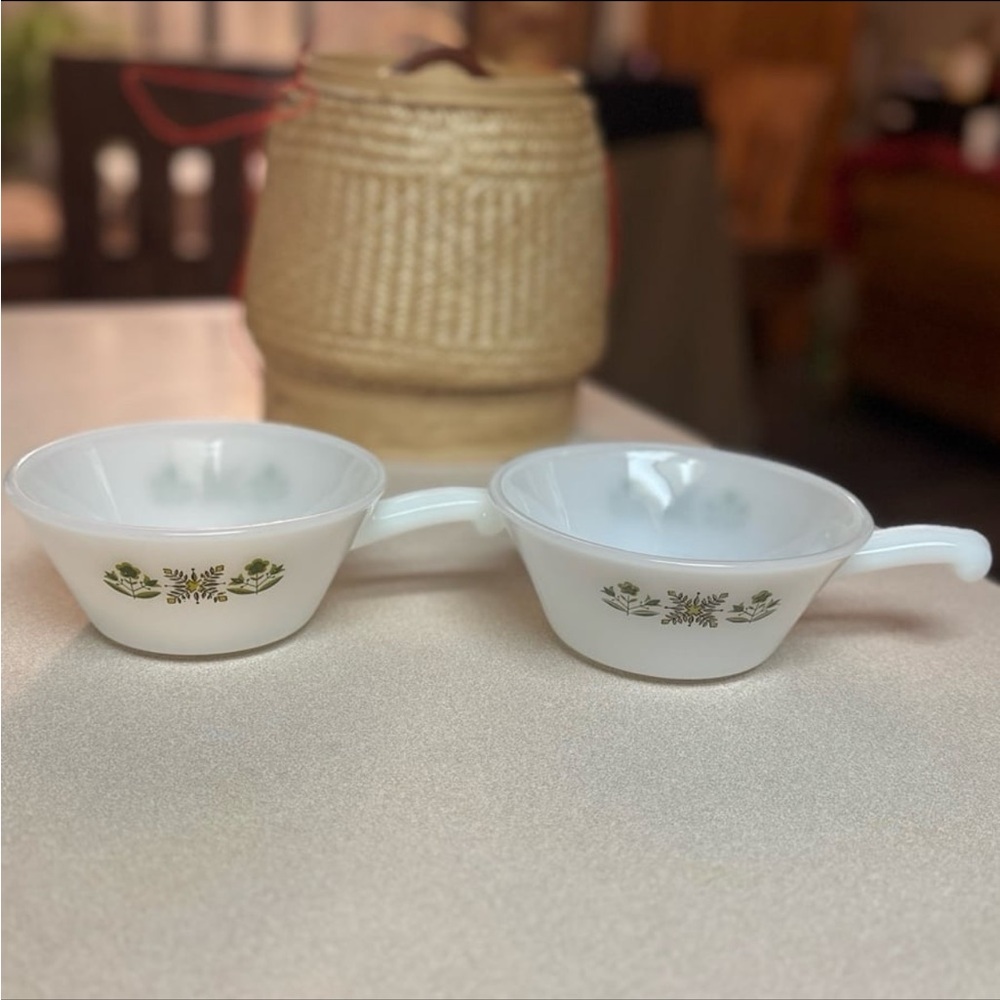 Vintage Fire King "Meadow Green" Milk Glass Handled Soup Bowls | Set of 2 - Picture 3 of 12